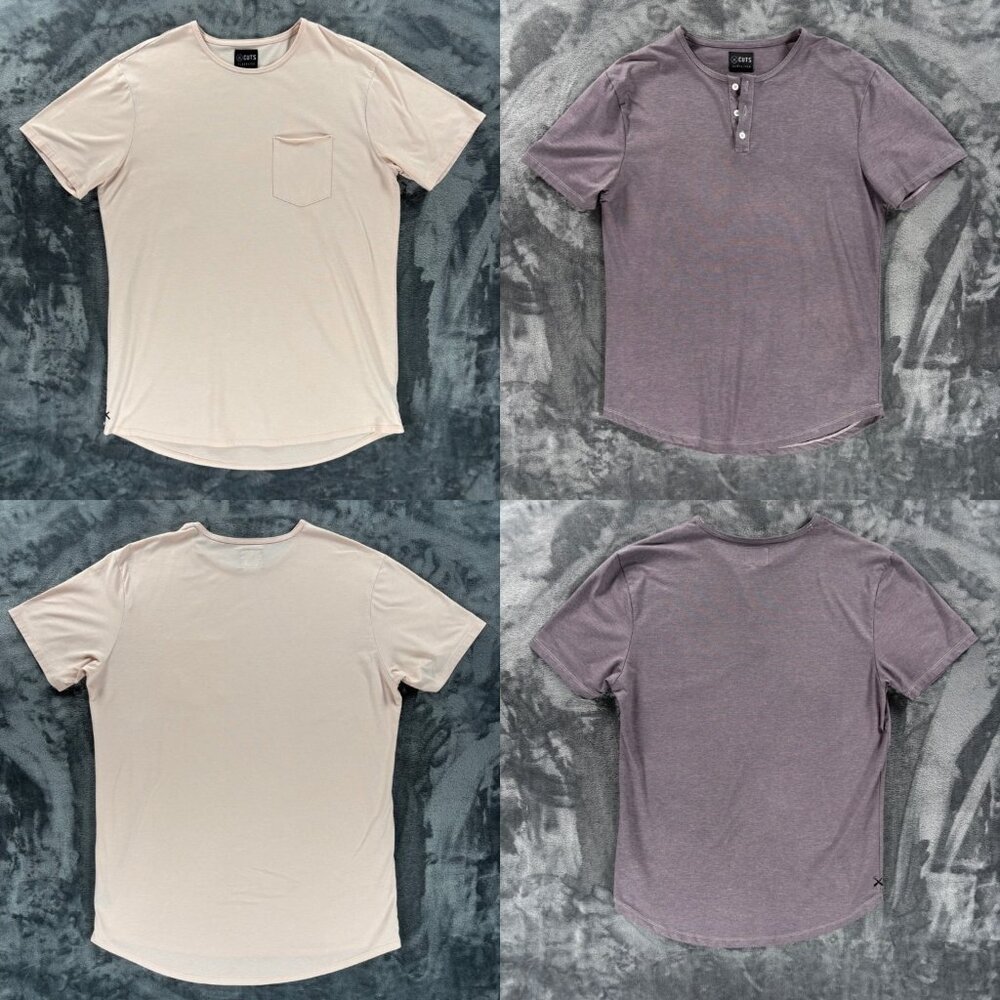 CUTS Lot of 2 XL Pyca Pro Shirts Elongated Curve Hem Henley Purple Beige
